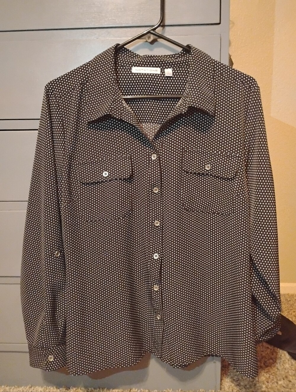 Notations Size Large, Black Long-Sleeve Dot-Print Button-Down Shirt